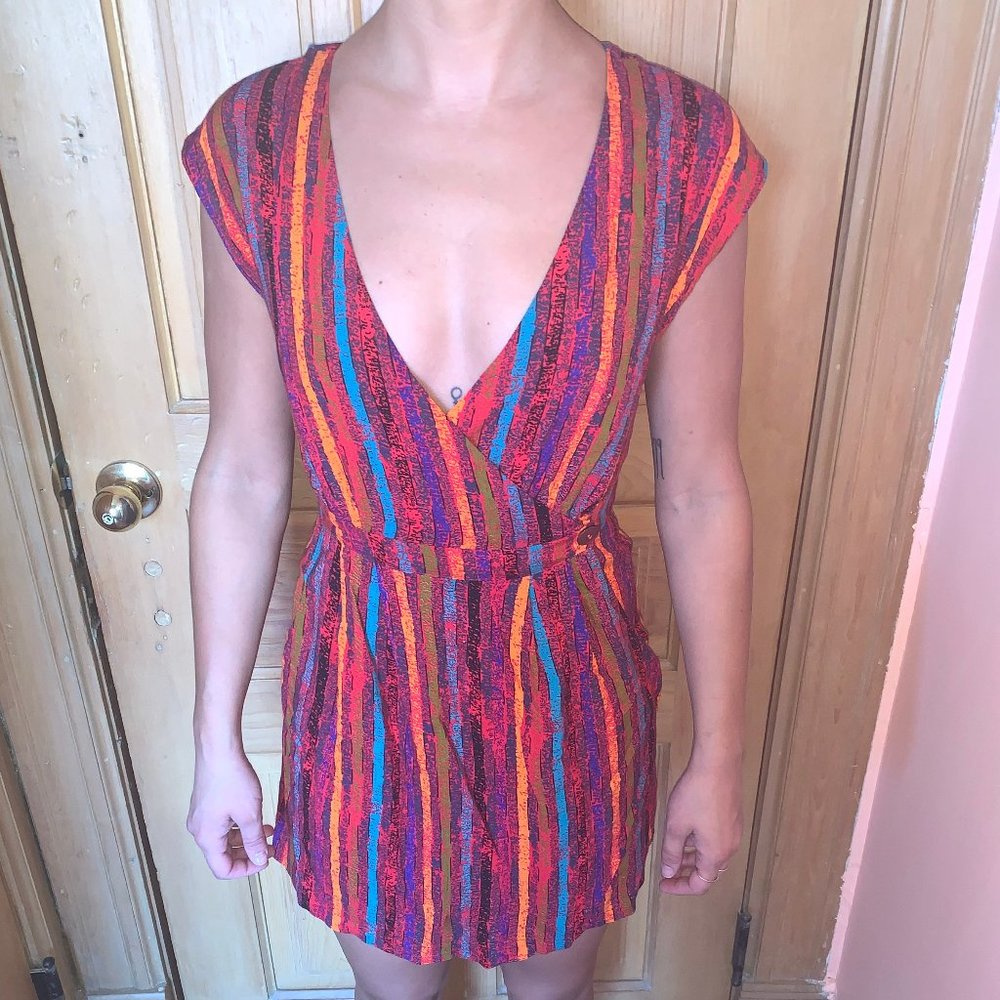 Deep V Red Striped Wrap Dress